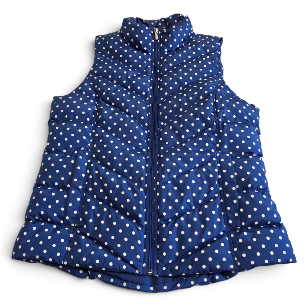 Lands' End Blue Polka Dot Puffer Vest Women's Medium Full Zip Chevron Quilted